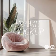 a pink chair sitting in front of a window next to a plant and a frame mockup