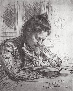 a drawing of a woman sitting at a table with a book in her hands and writing