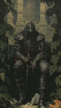 a painting of a knight sitting in the woods