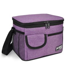 a purple lunch bag with black handles and zippers