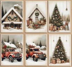 four christmas cards with red trucks in front of a snowy house and tree, all decorated for the holiday season