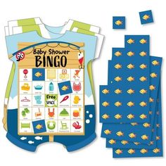 the baby shower game is set up with its matching blue and yellow onesuits