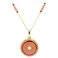 Victor Mayer round locket pendant necklace in 18k yellow gold with pink and burgundy red vitreous enamel and 1 brilliant cut diamond total 0.03 ct, H VS About the creator Victor Mayer Victor Mayer is internationally renowned for elegant timeless designs and unrivalled expertise in historic craftsmanship. Lovers of the extraordinary appreciate the beauty of Victor Mayer's designs, which use extremely rare techniques such as genuine enamel or elaborate engravings. Since 1890, the company has stood Faberge Jewelry, Pink And Burgundy, Vitreous Enamel, Round Locket, Locket Pendant Necklace, Gold Locket, Contemporary Pendant, Heart Pendant Diamond, Modern Necklaces