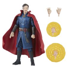 the action figure is wearing a blue outfit and red cape with his hands out in front of him