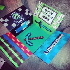 four different papercrafts made to look like minecraft characters are sitting on a couch