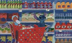 a painting of a shopping cart in a grocery store filled with drinks and other items