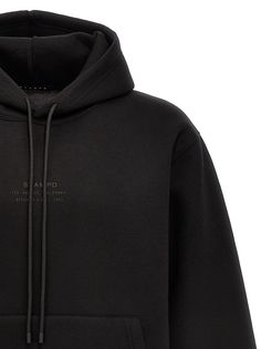 Stacked Logo' hoodie with front logo print, a kangaroo pocket, and long cuffed sleeves. Composition: 65% polyester 35% rayon Top Designer Brands, Denim Design, Engineered Garments, High End Fashion, Cuff Sleeves, Logo Print, Loafer Shoes, Black Hoodie, Kangaroo Pocket