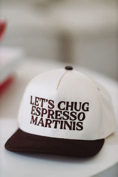 Let's Chug Espresso Martinis Two Toned Snapback Hat - Beige and Brown Adjustable Cream Hat With Embroidered Logo, Cream Snapback Hat With Flat Brim, Cream Flat Brim Baseball Cap, Cream Flat Brim Baseball Cap One Size, Cream Snapback Baseball Cap, Cream Snapback Hat With Curved Brim, Cream Snapback Hat One Size, Trendy Flat Brim Hat With Embroidered Logo, Cream Adjustable Snapback Hat