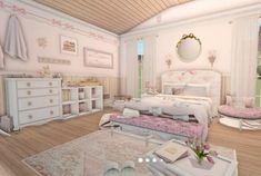 a bedroom with white furniture and pink accessories on the bed, dressers and chest of drawers