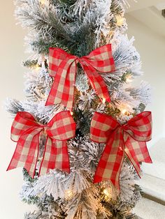 a christmas tree decorated with red and white bows