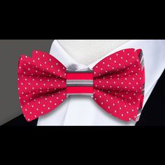 Introducing Our Versatile Double-Sided Silk Bow Tie Elevate your style effortlessly with our unique double-sided silk bow tie, featuring a vibrant red side adorned with white dots on one side and a sophisticated red side with grey and black stripes on the other. This bow tie is available as a self-tie or pre-tied option and includes a matching pocket square, adding a touch of charm to your ensemble. Suitable for neck sizes ranging from 14" to 22" inches, this bow tie offers versatility and flair Red Bow Tie For Black Tie Events, Classic Red Bow For Black Tie Events, Classic Red Bow With Ties, Red Satin Bow Tie For Business, Red Butterfly Knot Bow Tie For Black Tie Events, Red Bow Tie For Black Tie Occasions, Red Party Tie With Bow Tie Back, Elegant Red Bow With Butterfly Knot, Red Tie With Decorative Bow For Formal Occasions