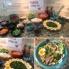 several different pictures of food in bowls on the counter top and below them is a sign that says ramen soup bar