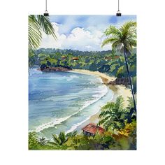 a watercolor painting of a tropical beach with palm trees and houses on the shore