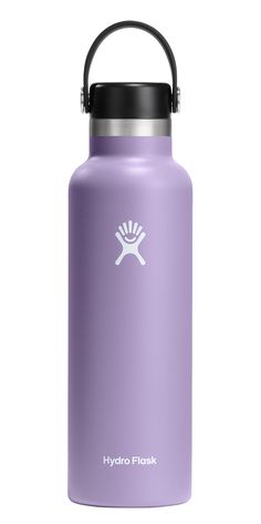 the hydro flask water bottle is purple and has a black handle on it's side