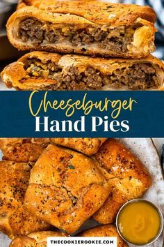 cheeseburger hand pies on a plate with dipping sauce