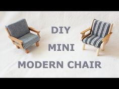 two miniature chairs sitting next to each other with the words diy mini modern chair