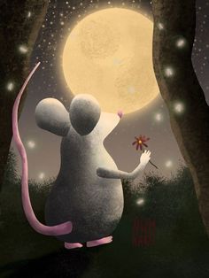 a painting of a mouse holding a flower in front of a full moon and trees