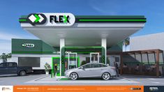 a car is parked in front of a gas station with the word flex on it