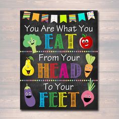 a chalkboard sign that says you are what you eat from your head to your feet