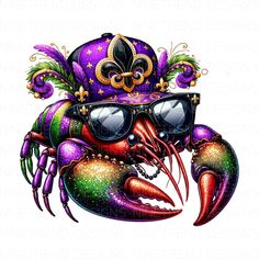 a drawing of a crab wearing sunglasses and a mardi gras hat