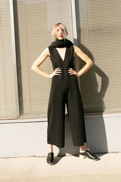 Lauren Manoogian - Black Melange Miter Jumpsuit – BONA DRAG Black Studio, Knit Jumpsuit, Hand Shapes, Double Knitting, Vegetable Tanned Leather, Knit Scarf