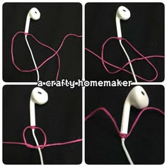 four pictures of white headphones with pink cord and earbuds on black background