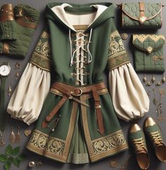 Green Leather Aesthetic, Dragoncore Fashion, Dnd Clothes Ideas, Tabard Outfit, Gender Neutral Fantasy Outfits, Forest Themed Outfit, Archer Outfit, Fae Clothing, Got Outfits