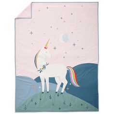 a pink blanket with a white unicorn on the top and stars in the sky above it