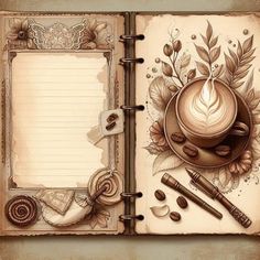 an open notebook with coffee art on the pages and writing utensils around it