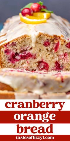 cranberry orange bread with white icing on a blue plate