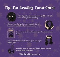 a purple poster with the words tips for reading tarot cards and images of stars