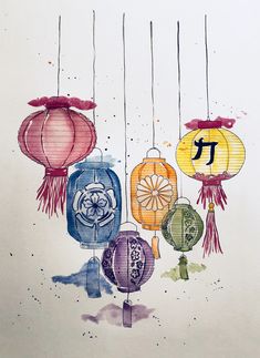 four lanterns hanging from strings with the number seven painted on them in watercolor and ink