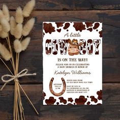 a cowgirl baby shower is on the way with a cowboy theme and a brown cow print