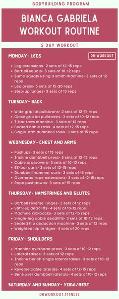 Bianca Gabriela’s Workout Routine Ppl Workout Routine For Women, 5 Day Workout Split Women Gym, Women Bodybuilding Workouts, 4 Day Workout Plan Woman, Gym Workout Routine For Women, Bridal Workout Plan, Gym Routine Women Workout Plans