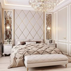 a large bed sitting under a chandelier next to a white dresser and mirror