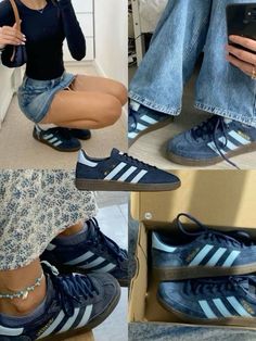 #adidas #samba #blue #shoes #outfits Socks For Sambas, Navy Blue Samba Outfit, Blue Samba Outfits Women, Adidas Special Outfits Women, Adidas Samba Shoes Outfit Ideas, Cute Addidas Shoes Outfits, Dark Blue Samba