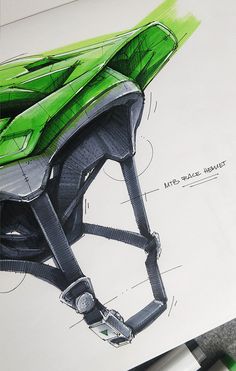 a drawing of a green helmet on top of a piece of paper