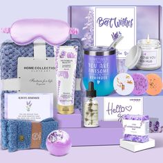 the lavender hamper is packed with bath products, and other personal care items for women