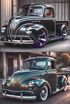 two pictures of an old black car with chrome rims and paint job on it