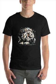 a man wearing a black t - shirt with a lion on it