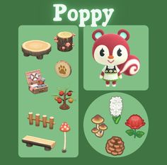 an animal crossing game with many items on the green background and words poppy above it