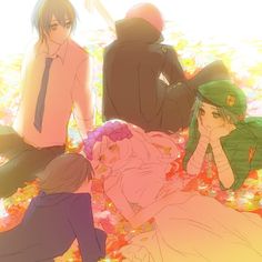 three anime characters sitting on the ground in front of leaves and flowers, with one looking at the camera