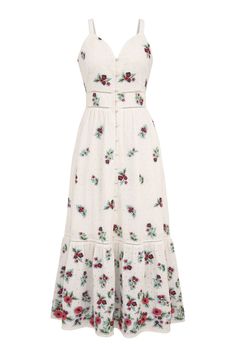 Floral embroidery adds charm to our 100% cotton broderie anglaise maxi dress, which features decorative front buttons, adjustable straps, side zipper closure, and a fully-lined interior. Perfect for brunch, baby showers, and everyday feminine chic styling during the spring and summer. Available in a white colorway with red and blue floral appliqués. Style #: 83339 Broderie Anglaise Maxi Dress For Summer Daywear, Sleeveless Floral Embroidery Maxi Dress For Brunch, Cotton Maxi Dress With Broderie Anglaise For Daywear, Summer Broderie Anglaise Maxi Dress For Daywear, Garden Party Sundress With Broderie Anglaise, Broderie Anglaise Sundress For Garden Party, Chic Broderie Anglaise Maxi Dress For Vacation, Cotton Eyelet Dress For Brunch, Eyelet Cotton Dress For Vacation