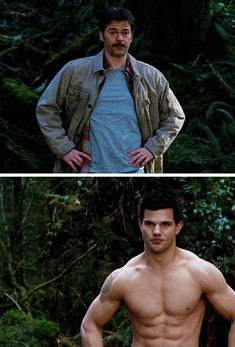 two pictures of the same man with no shirt on, and one has his hands on his hips