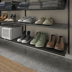 there are many pairs of shoes on the shelves