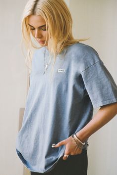 Oversized Crew Tee - Denim Cotton w/ Logo Light Wash Relaxed Fit T-shirt For Everyday, Casual Tops With Logo Patch And Crew Neck, Relaxed Fit Washed Blue T-shirt For Everyday, Casual Tops With Logo Patch And Relaxed Fit, Washed Blue Relaxed Fit T-shirt For Everyday, Casual Relaxed Fit Top With Logo Patch, Everyday Relaxed Fit Washed Blue T-shirt, Oversized Washed Blue Tops For Streetwear, Everyday Washed Blue Relaxed Fit T-shirt