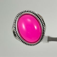 Chunky Big Pink Oval Acrylic Stone Silver Tone Fashion Cocktail Ring Multiple Sizes Available Fun And Funky, Boho, Barbiecore, Barbie Pink Silver Oval Cabochon Ring, Pink Metal Rings, Stackable Ring Sets, White Sapphire Ring, Pearl And Diamond Ring, Turquoise Ring Silver, Sterling Silver Rings Bands, Rhinestone Ring, Wire Wrapped Rings