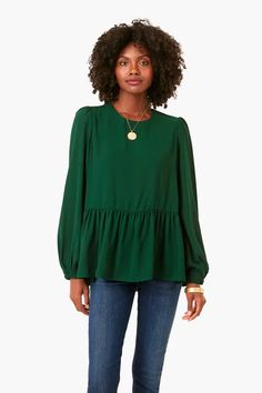 Hunter Green Carlota Blouse | Pomander Place Emerald Blouse, Perfect Blouse, Mama Style, Peplum Hem, Peplum Blouse, Casual Friday, Long Puff Sleeves, Green Emerald, Work Blouse