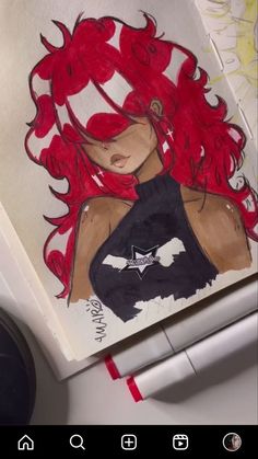 a drawing of a woman with red hair on top of a piece of white paper