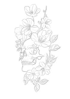 a drawing of a skull with flowers on it's head, in black and white